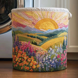 Panier à linge fait main en tissu, motifs paysage fleuri multicolores et anses