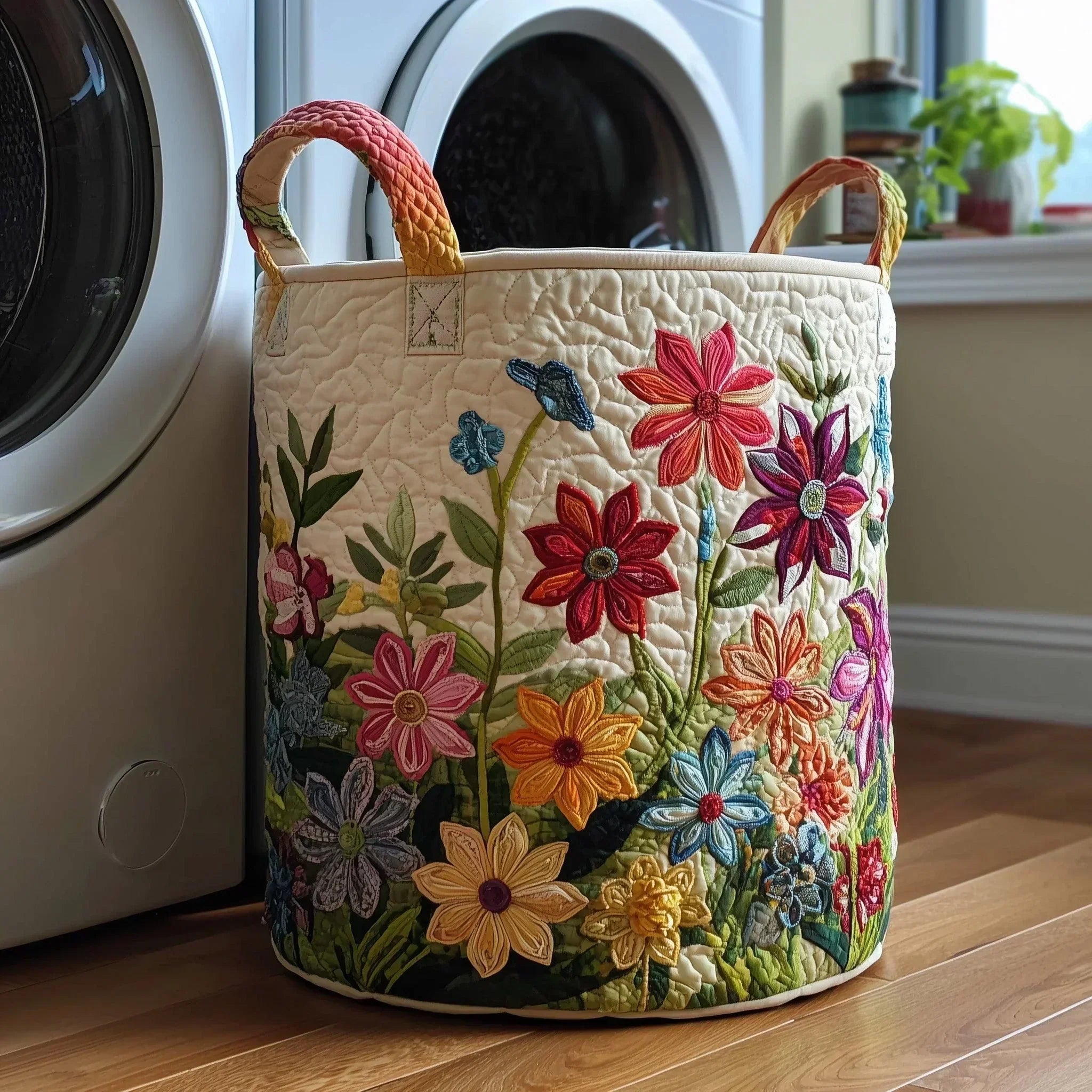 Panier à linge fait main en tissu matelassé, anses en corde rouge, broderies de fleurs.