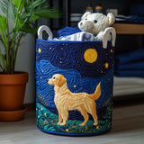 Panier à linge fait main bleu rond avec appliqué de Golden Retriever et anses