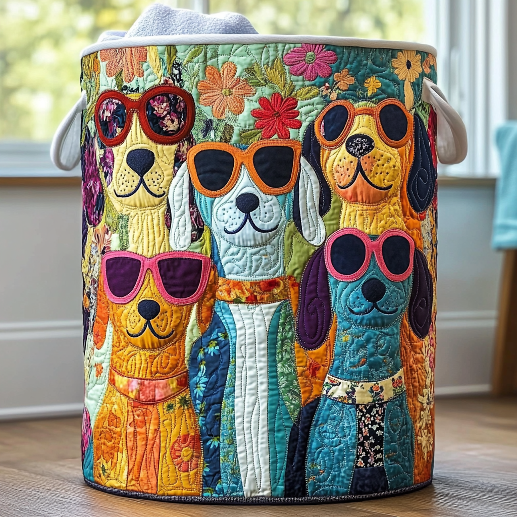 Panier à linge rond en tissu fait main, motif de chiens colorés sur tissu multicolore
