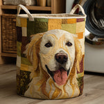 Panier à linge fait main en tissu, motif tête de golden retriever, poignées