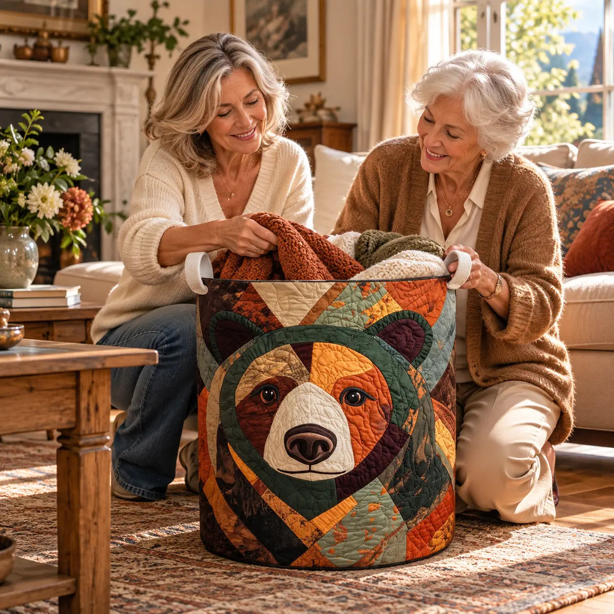 Panier à linge artisanal en tissu, grand motif ours multicolore, anses renforcées
