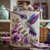 Panier à linge fait main beige avec broderie oiseaux et fleurs violettes, anses en bois