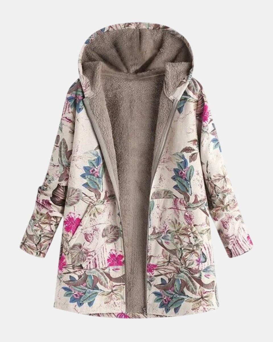 Veste en polaire Pierrette à capuche, tissu crème fleuri, doublure beige.