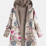 Veste en polaire Pierrette à capuche, tissu crème fleuri, doublure beige.