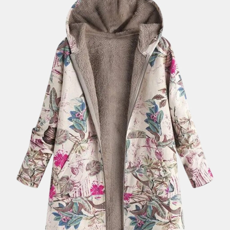 Veste en polaire Pierrette à capuche, tissu crème fleuri, doublure beige.