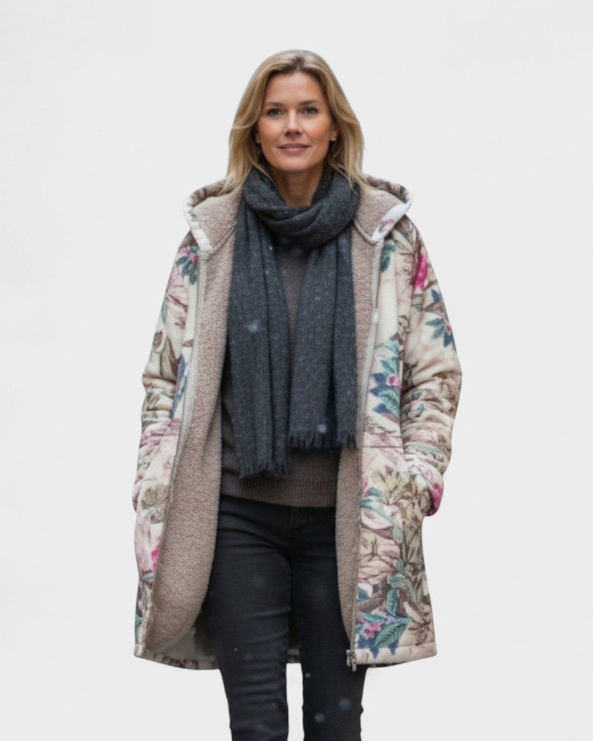 Veste en polaire Pierrette à motif botanique, doublure grise, fermeture zippée.