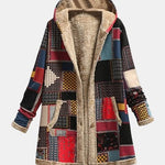 Veste en polaire vintage patchwork à capuche, multicolore, doublée en sherpa beige