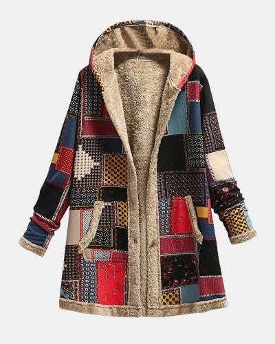 Veste en polaire vintage patchwork à capuche, multicolore, doublée en sherpa beige