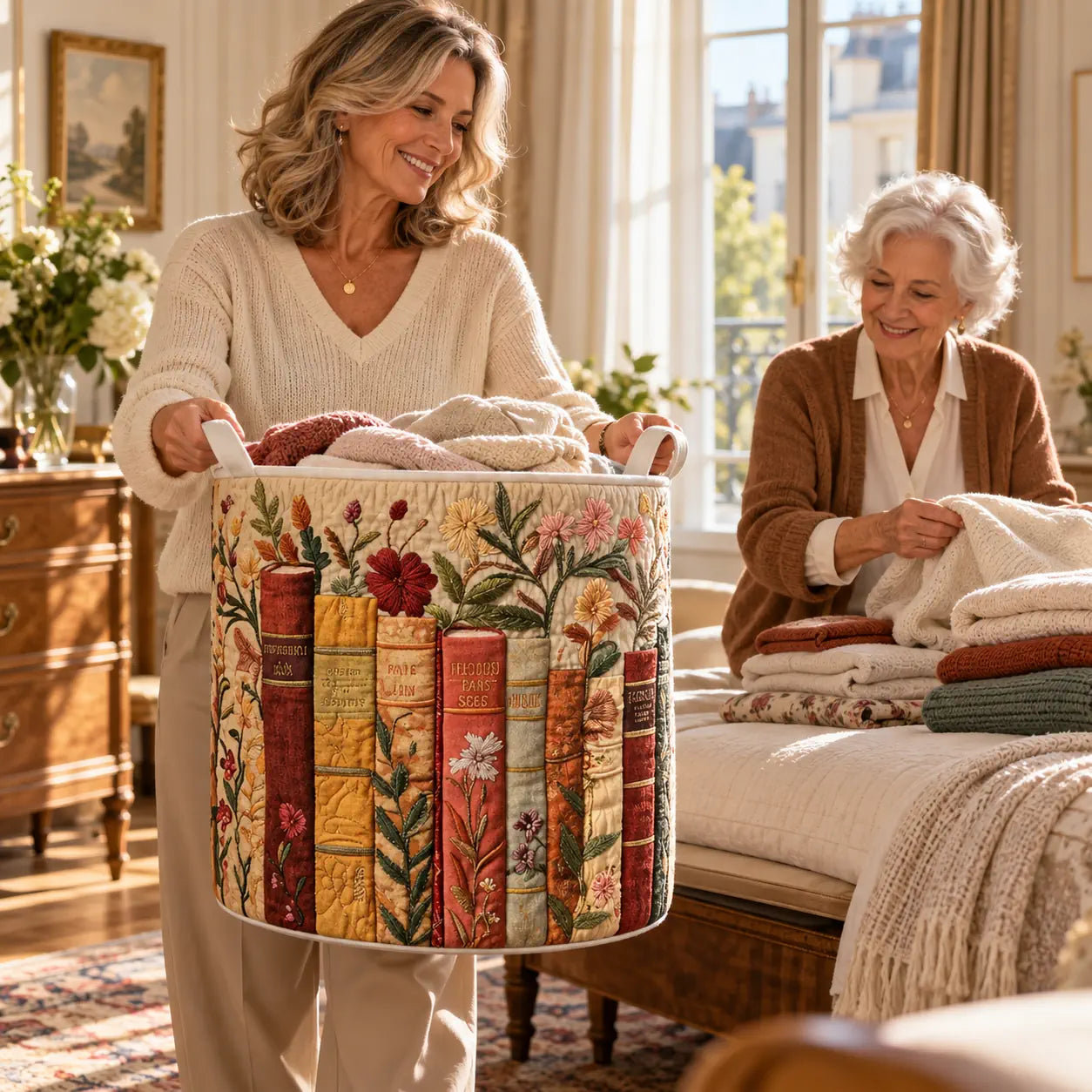 Panier à linge fait main en tissu, grand motif floral multicolore