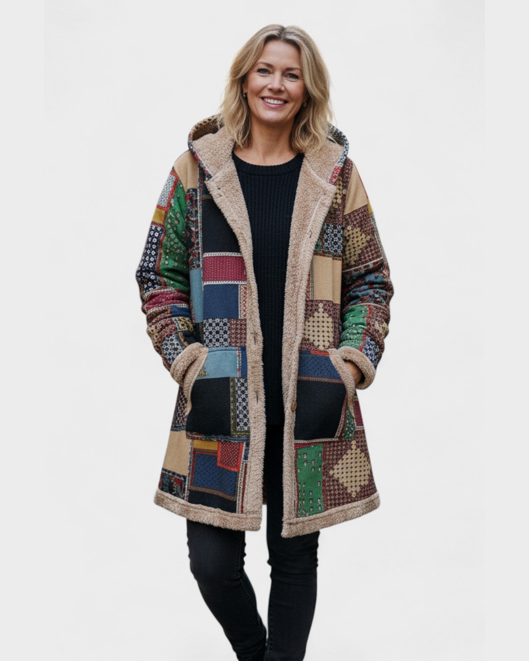 Veste sweat à capuche patchwork, doublure beige effet sherpa, poches latérales