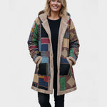 Veste sweat à capuche patchwork, doublure beige effet sherpa, poches latérales