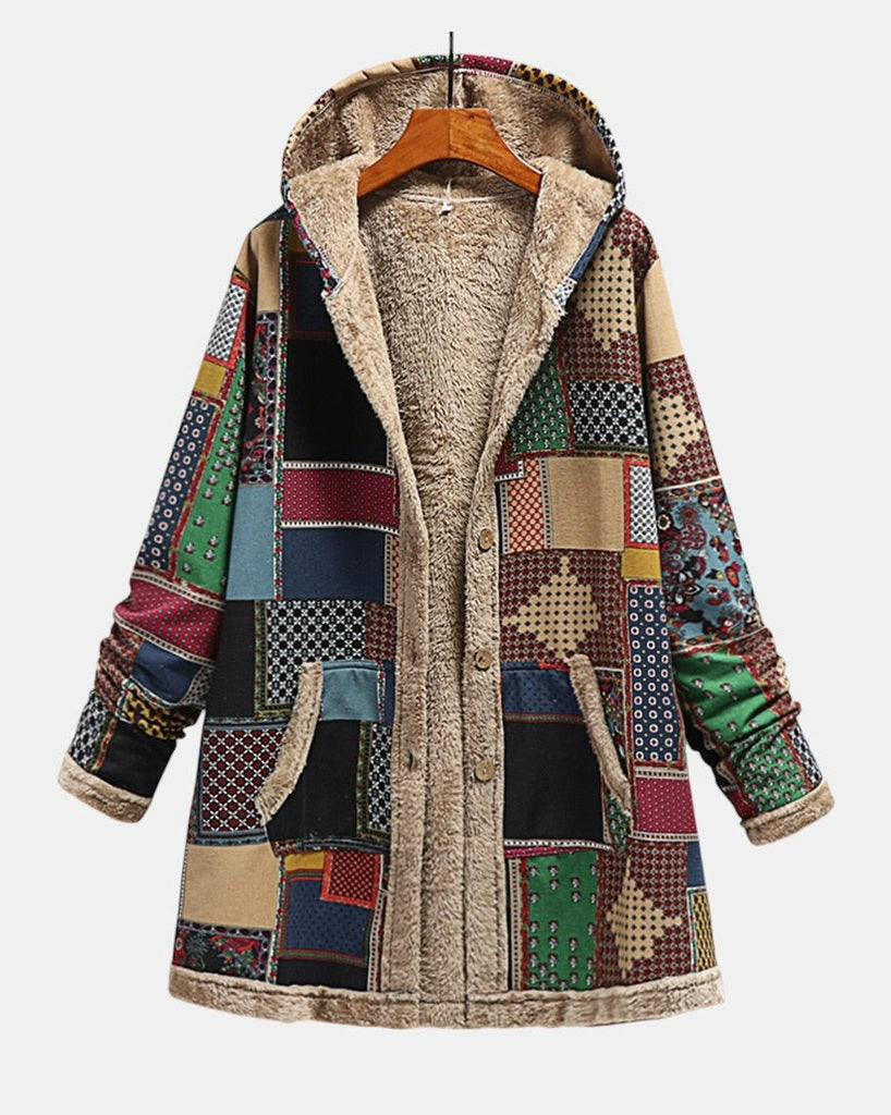Veste sweat à capuche en patchwork, doublure beige effet sherpa