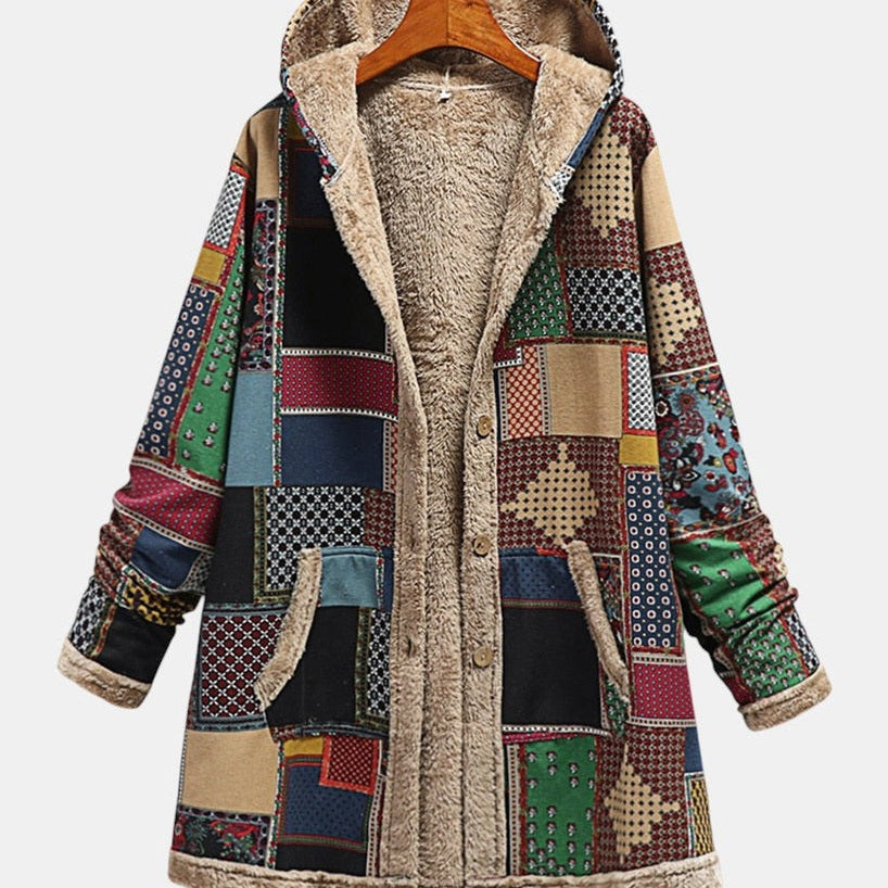 Veste sweat à capuche en patchwork, doublure beige effet sherpa