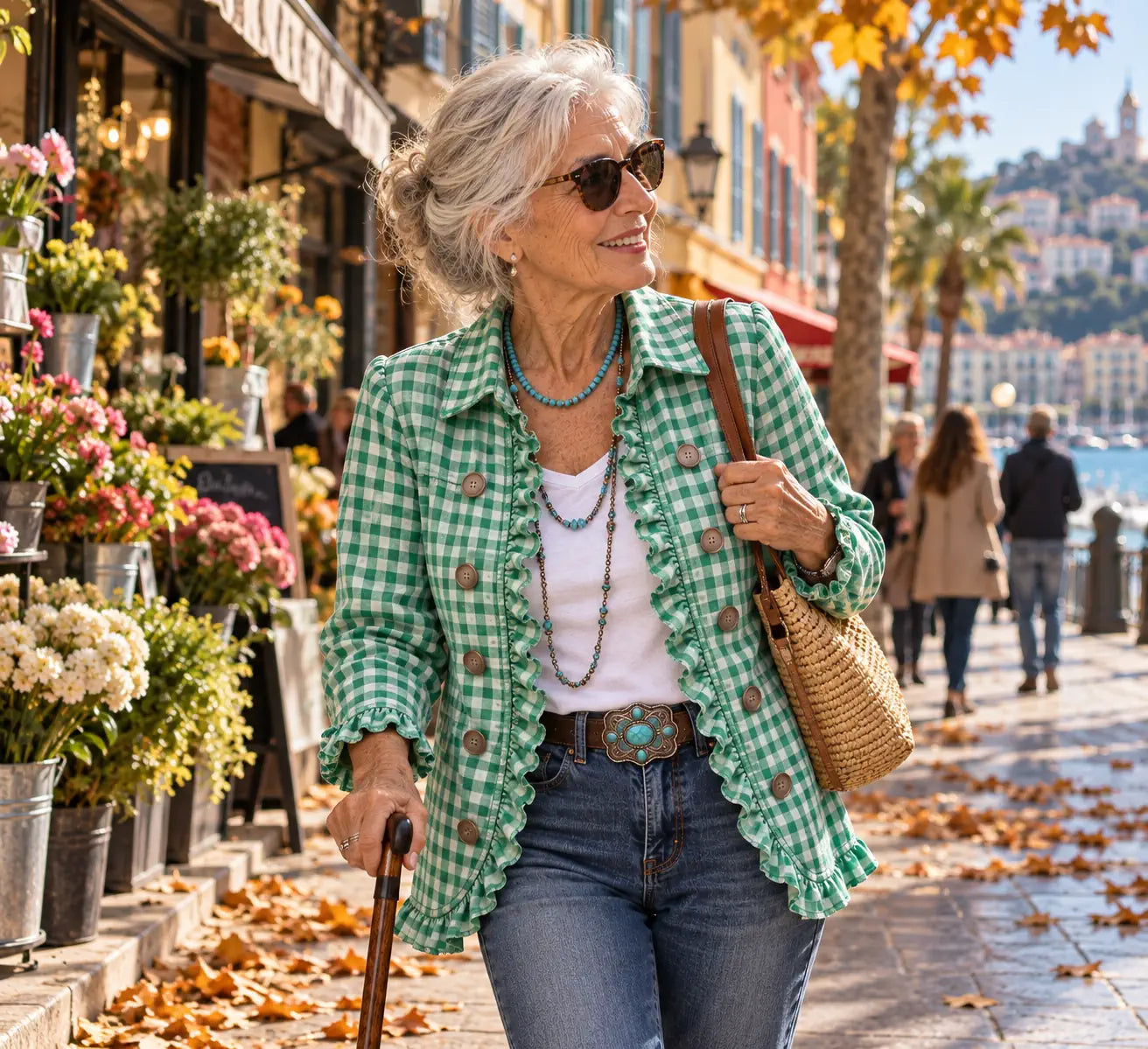 Veste à carreaux vichy vert à volants et boutons, col chemise.