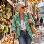 Veste à carreaux vichy vert à volants et boutons, col chemise.