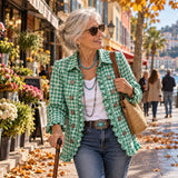 Veste à carreaux vichy vert à volants et boutons, col chemise.