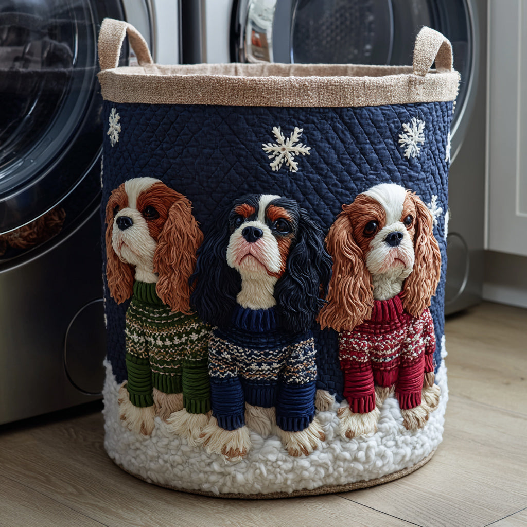 Panier à linge en tissu avec chiens Cavalier brodés et base blanche