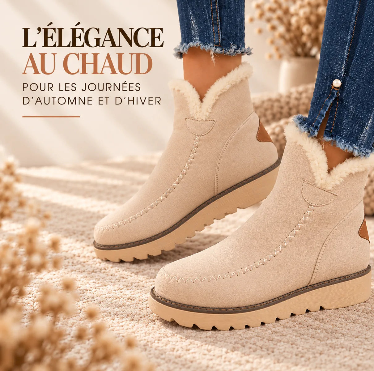 Bottes d’hiver beiges à tige mi-montante, doublure en fausse fourrure, semelle antidérapante