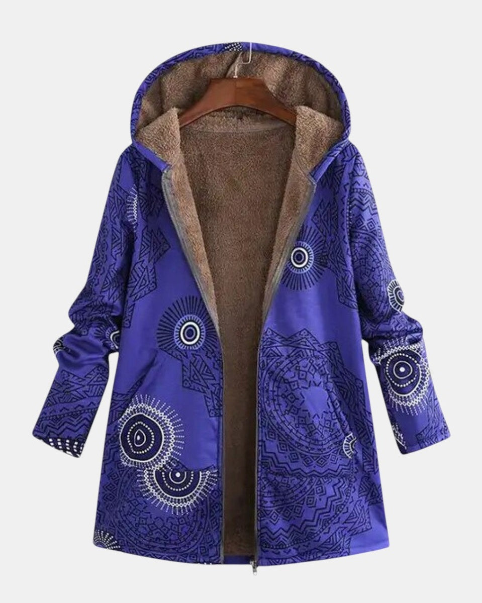 Veste polaire à capuche bleu marine, motif mandala, doublure intérieure beige