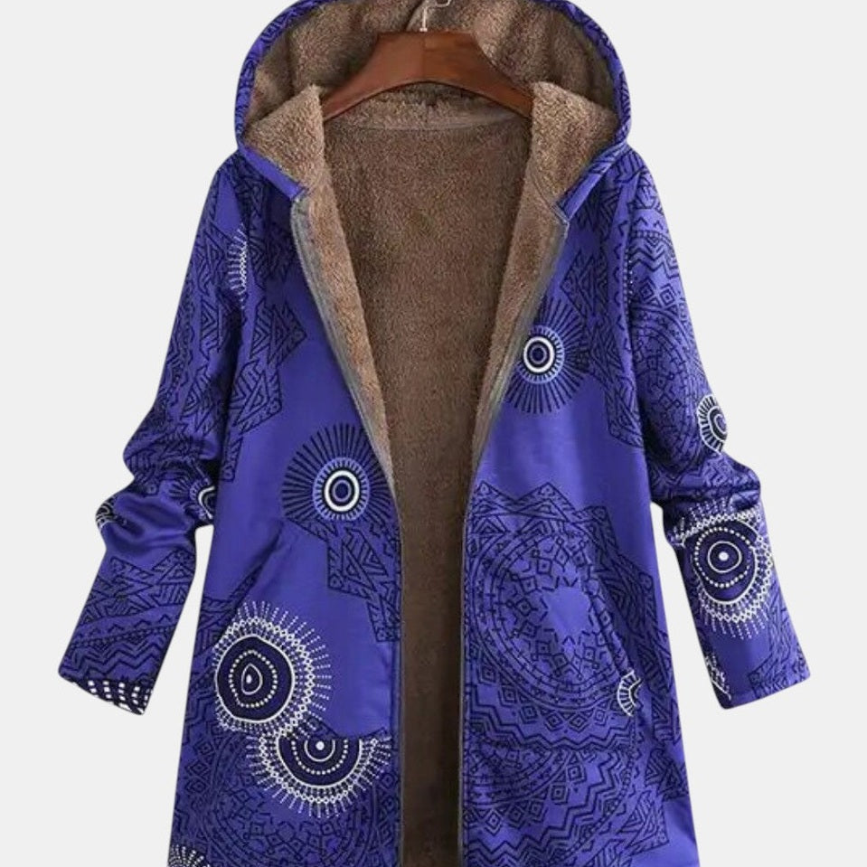 Veste polaire à capuche bleu marine, motif mandala, doublure intérieure beige