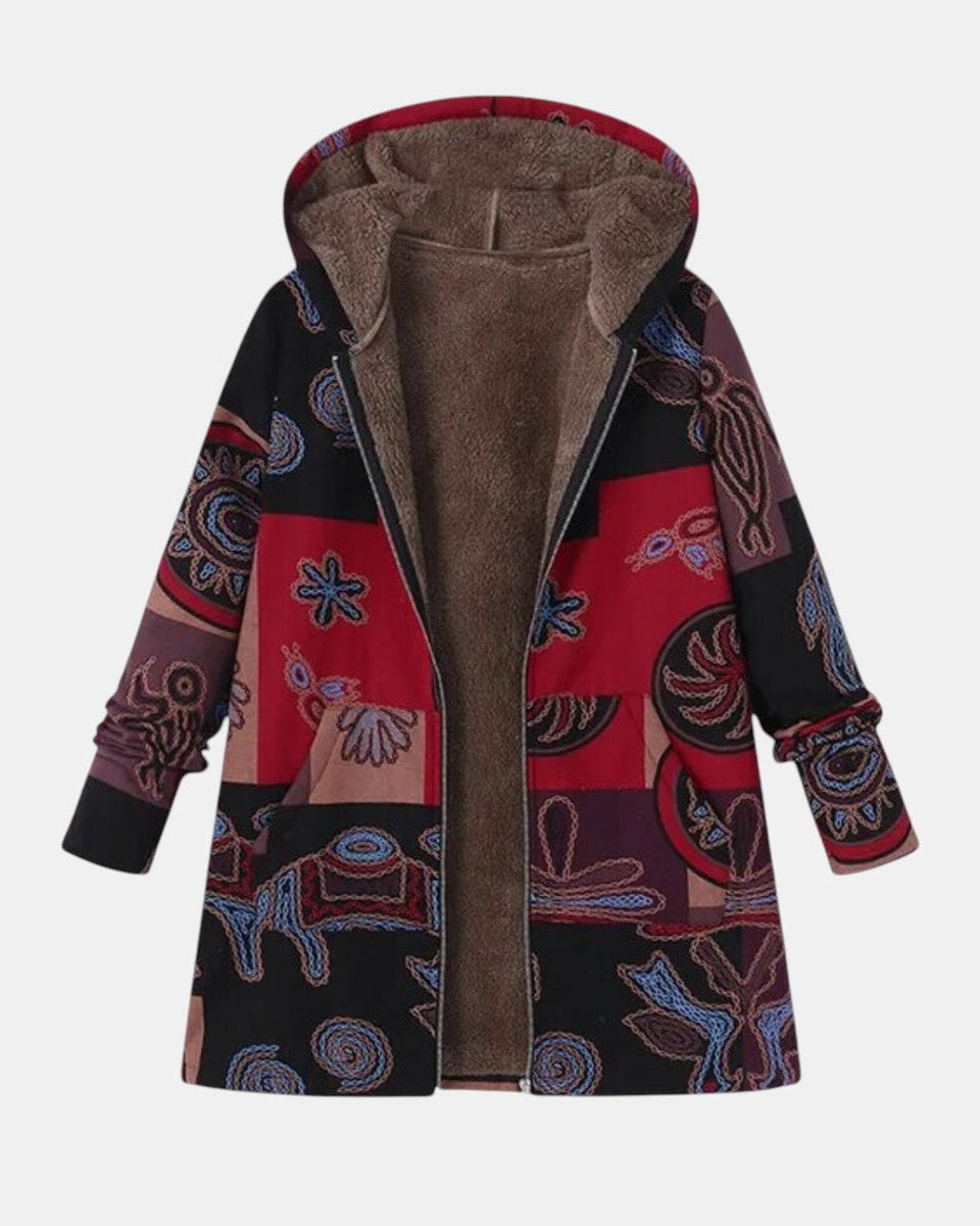 Manteau à capuche patchwork à motif abstrait, rouge et bleu sur fond sombre, doublé marron