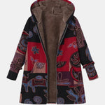 Manteau à capuche patchwork à motif abstrait, rouge et bleu sur fond sombre, doublé marron
