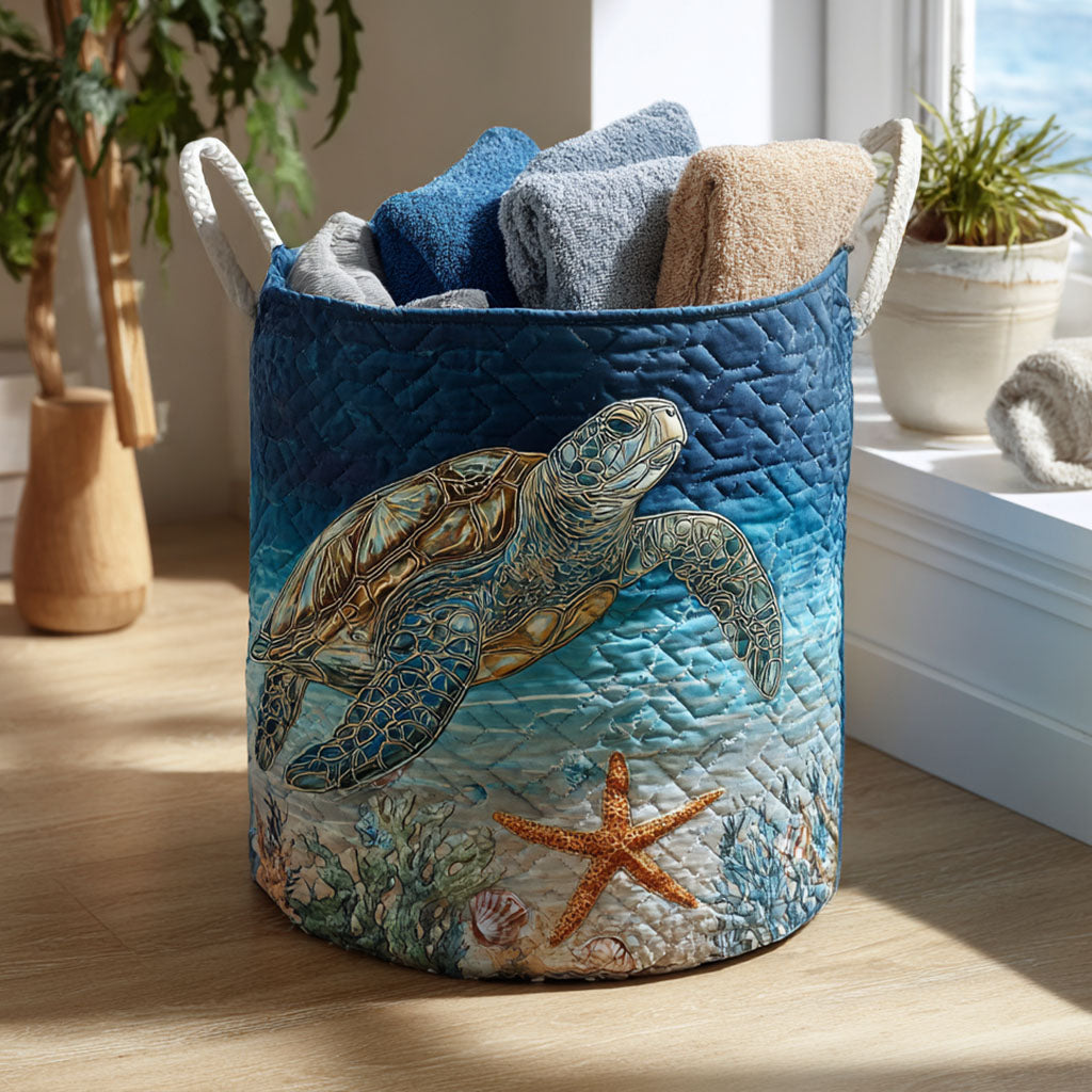 Panier à linge matelassé fait main bleu, motifs tortue et étoile de mer, deux anses