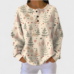 Pull en maille crème, manches longues, col rond boutonné, imprimé plantes d’automne.
