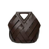 Sac en cuir tressé marron foncé, poignée courte et ouverture triangulaire