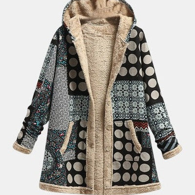 Veste polaire à capuche, patchwork à pois et motifs, ton beige et noir