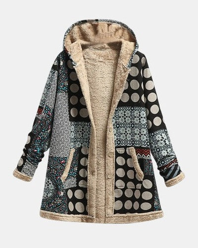 Veste polaire à capuche, patchwork à pois et motifs, ton beige et noir