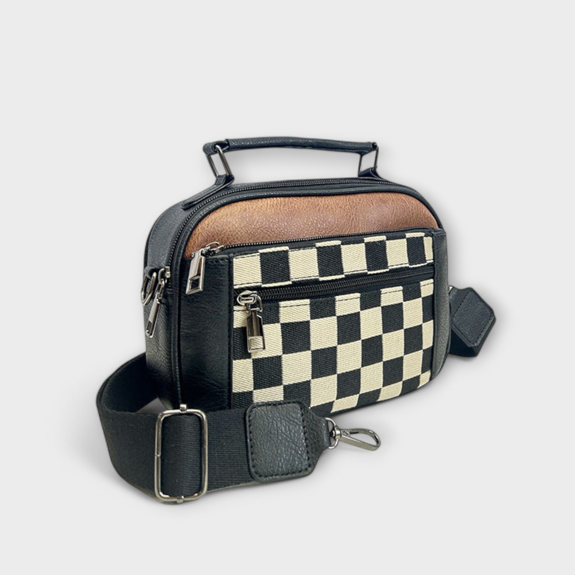 Mini sac noir avec bandoulière réglable et porte-clés, poche damier.