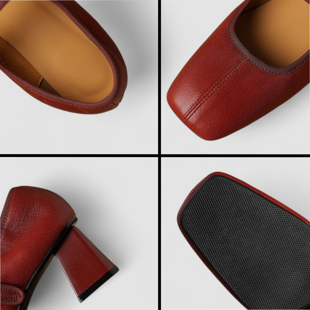 Détails chaussures : bout rouge, couture et talon, semelle noire texturée