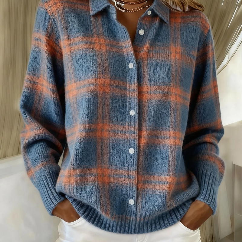 Cardigan chaud bleu à carreaux, manches longues, boutonnage devant, col chemise.