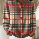 Cardigan multicolore à carreaux boutonné, manches longues, col avec patte et boutons noirs.