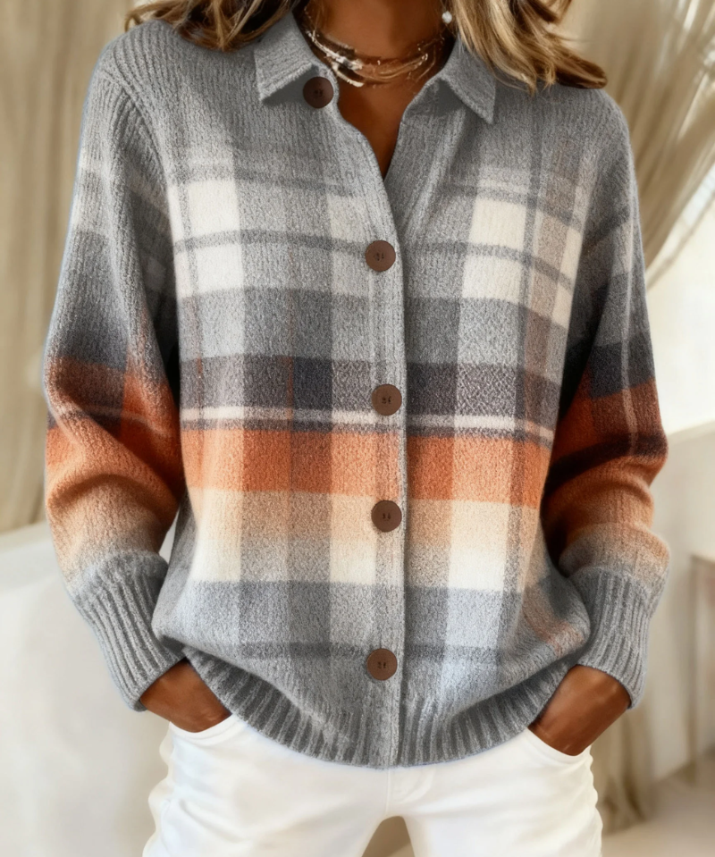 Cardigan à carreaux ombré gris et orange, col, boutons, manches longues