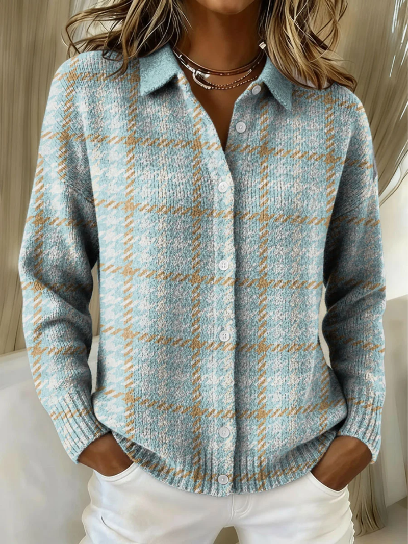 Cardigan bleu ciel à carreaux, col chemise et boutons nacrés