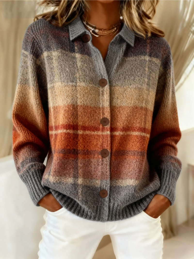 Cardigan boutonné en maille à carreaux dégradé, gris, beige et terracotta