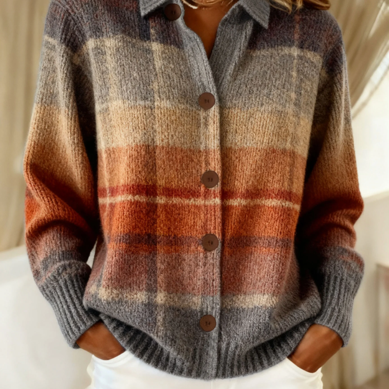 Cardigan boutonné en maille à carreaux dégradé, gris, beige et terracotta