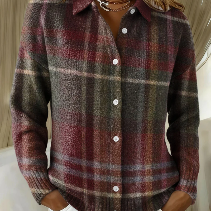 Cardigan Martine à carreaux multicolores, col chemise et boutons devant, manches longues