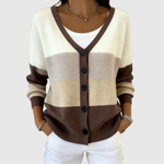Cardigan Corinne en tricot à col V, rayures crème et chocolat, boutons ronds.