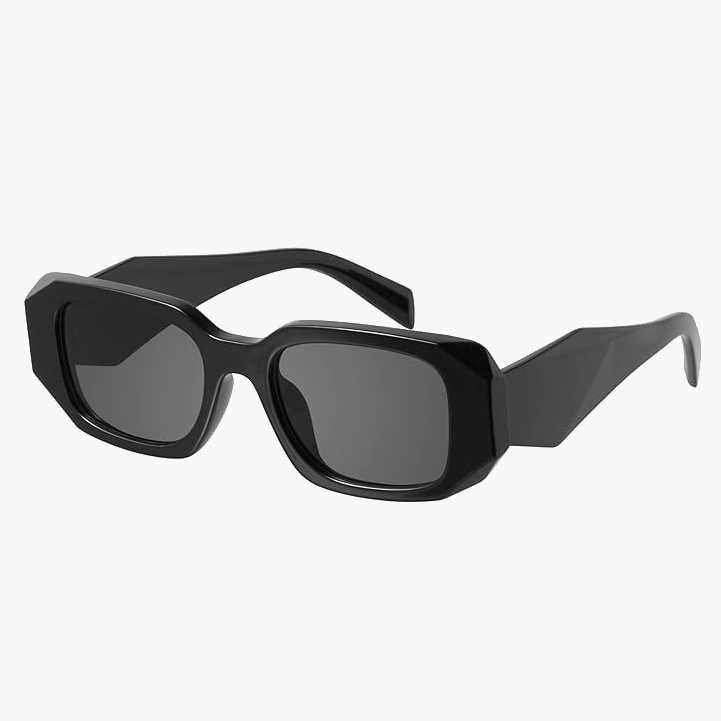 Lunettes de soleil audacieuses noires, verres foncés, monture angulaire