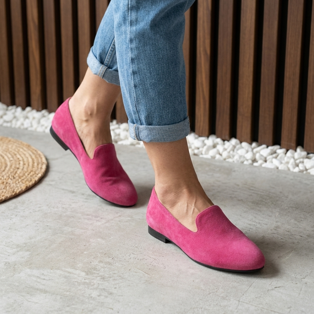 Mocassins souples en daim rose vif, bout pointu, petit talon bloc