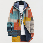 Veste à capuche en tissu multicolore à motifs géométriques, fermeture zippée