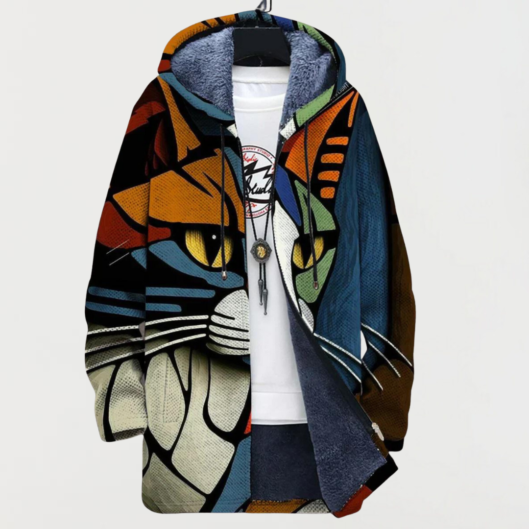 Veste à capuche zippée multicolore au motif abstrait de chat, doublure sombre.