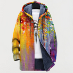 Manteau à capuche multicolore à motifs d’art abstrait, fermeture zippée.