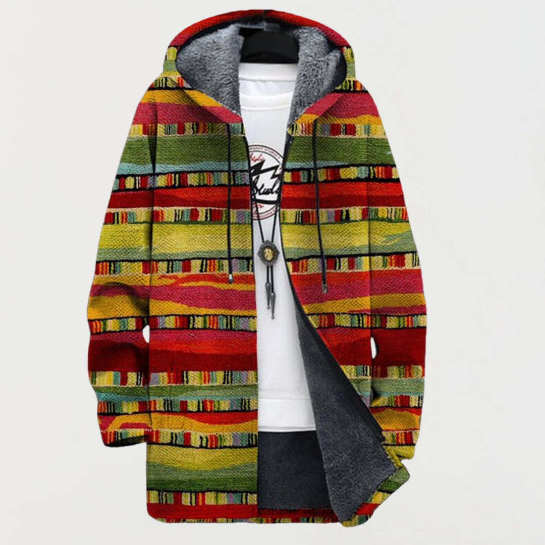 Cardigan à capuche multicolore à rayures ethniques, fermeture boutonnée