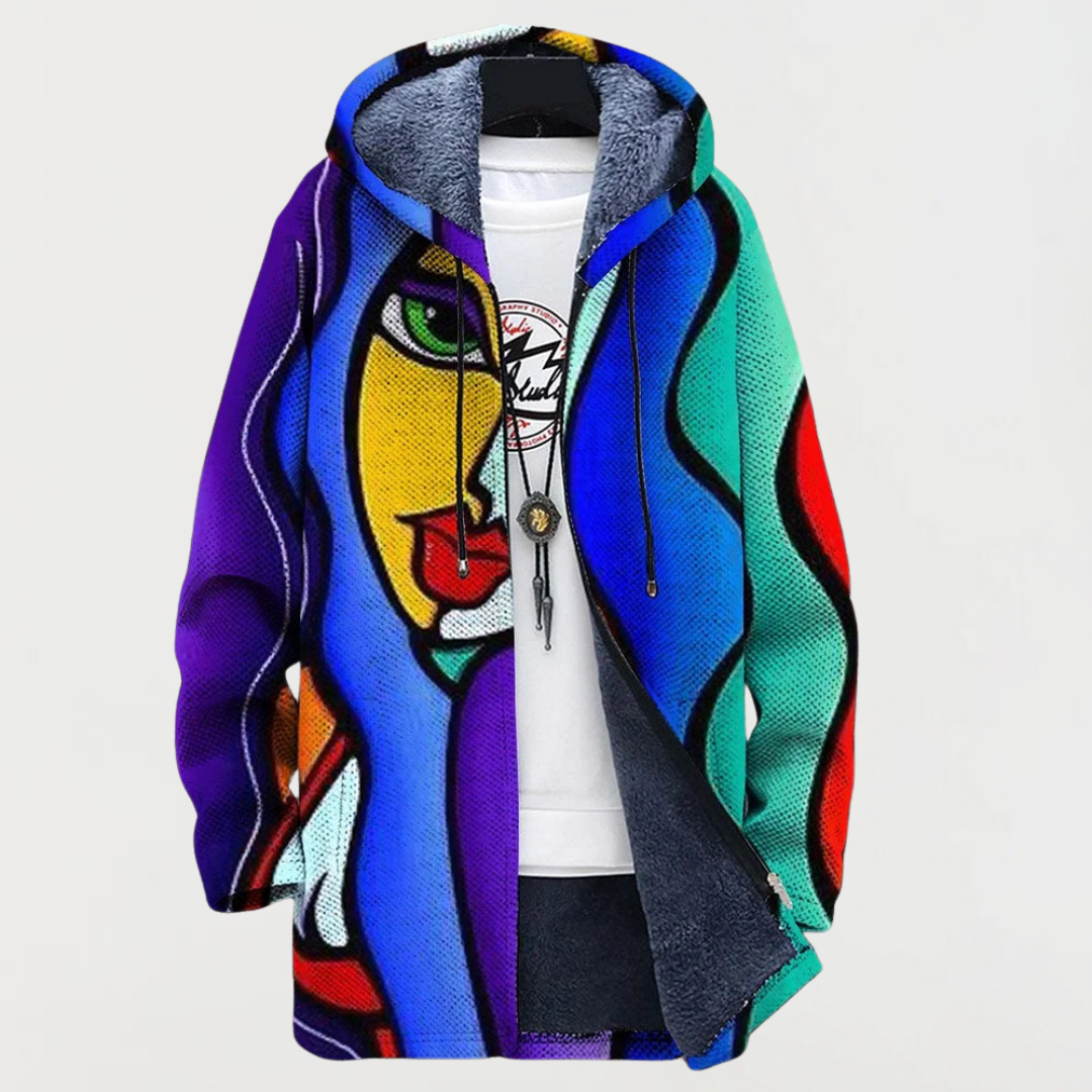 Veste Simone multicolore à capuche, graphique abstrait, fermeture zippée et cordons.