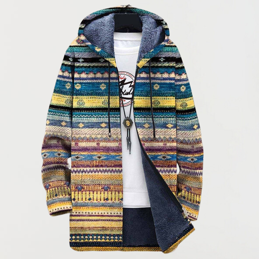 Manteau à franges multicolore, motif tribal rayé, capuche doublée et fermeture zippée